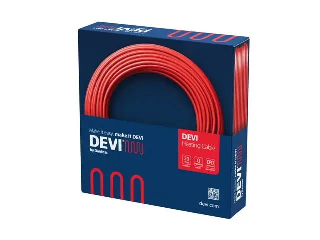 DEVI 1000 hamam yerden ısıtma kablosu ambalajı, 20 yıl garanti ve 230 V